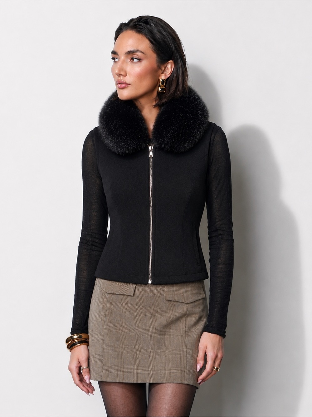 Camila Coelho Faux Fur Collar Zip Front Knit Vest XS Black Stretch